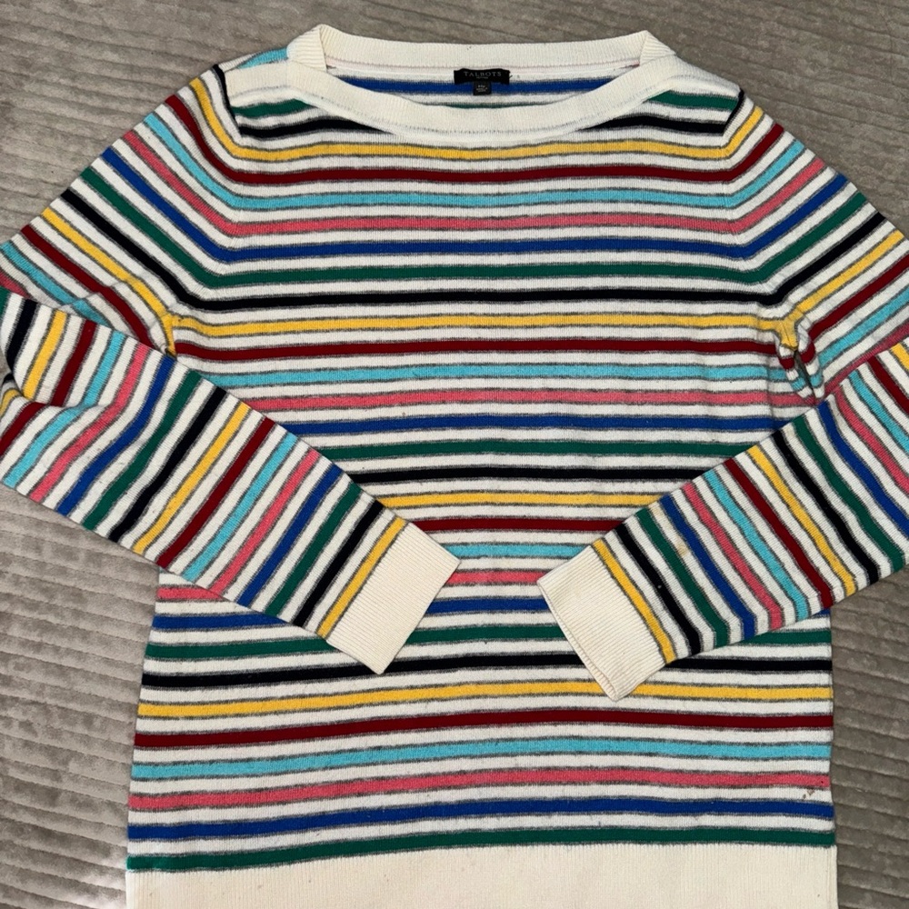 Talbots‎ Lambs Wool Blend Sweater MP Ivory  Stripe Crew Neck Long Sleeve Rainbow
